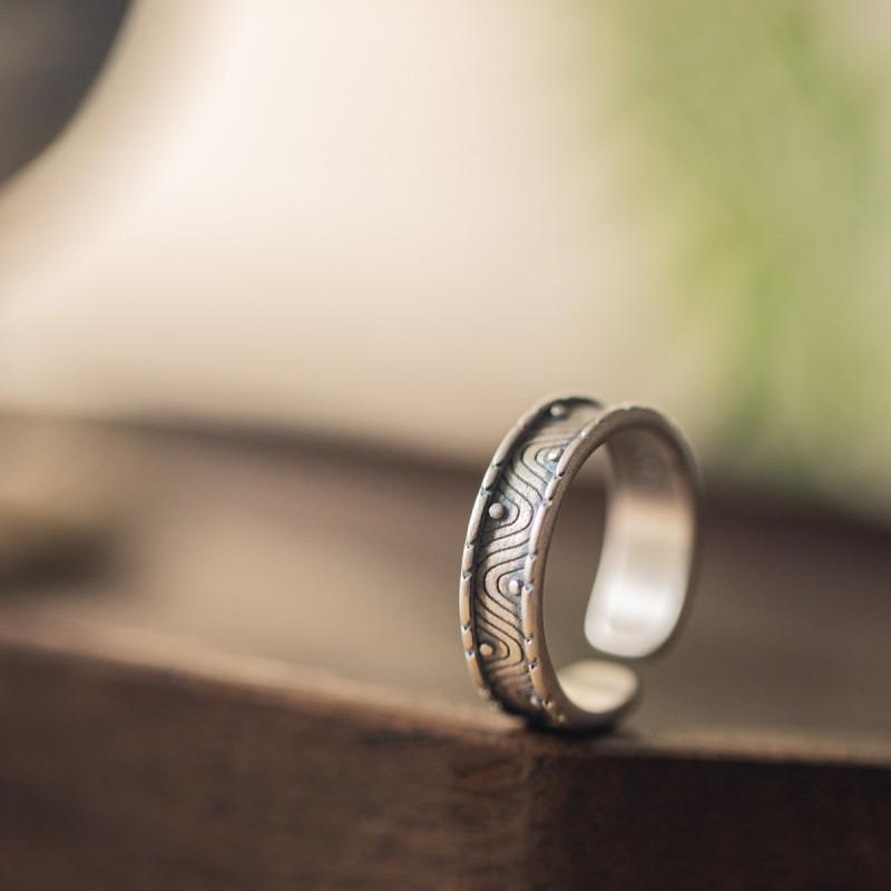 Adjustable Open Ring Men Women Sterling Geometric Wave Vintage Boho