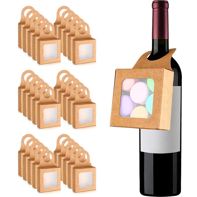 30 sztuk Kraft pudełka na butelki wina z okienkiem wiszące składane trwałe pudełko prezentowe z papieru Kraft dekoracyjne artykuły na przyjęcie weselne