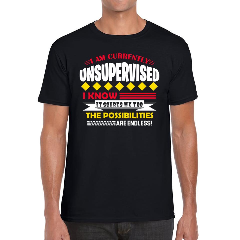 I Am Currently Unsupervised I Know It Scares Me Too But The Possibilities Are Endless Unisex Mens T Shirt Womens Tops Tees S