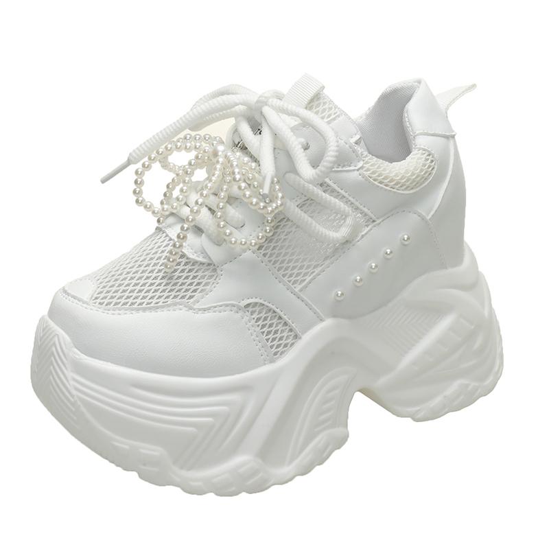 Fashion 10CM Women's Mesh Dad Shoes Thick Bottom Platform Sneakers New 2025 Summer Casual High Heel Sport Shoes Breathable Pearl Loafers