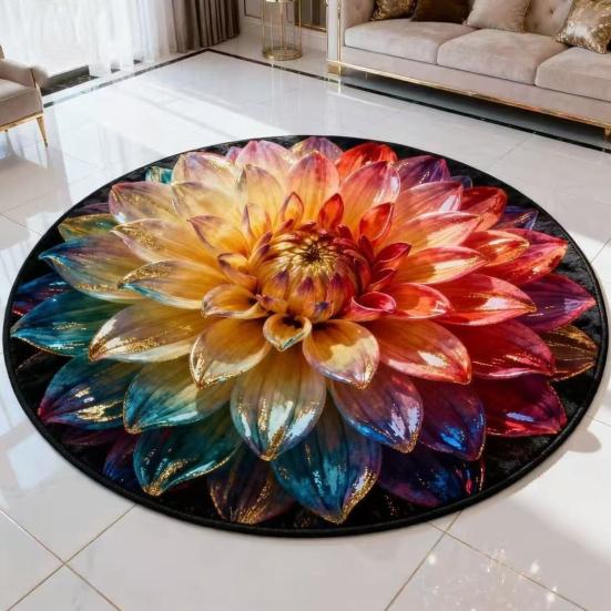 Floral Plush Floor Mat 3D Optical Illusion Round Small Area Rug Non-Slip Absorbent Carpet