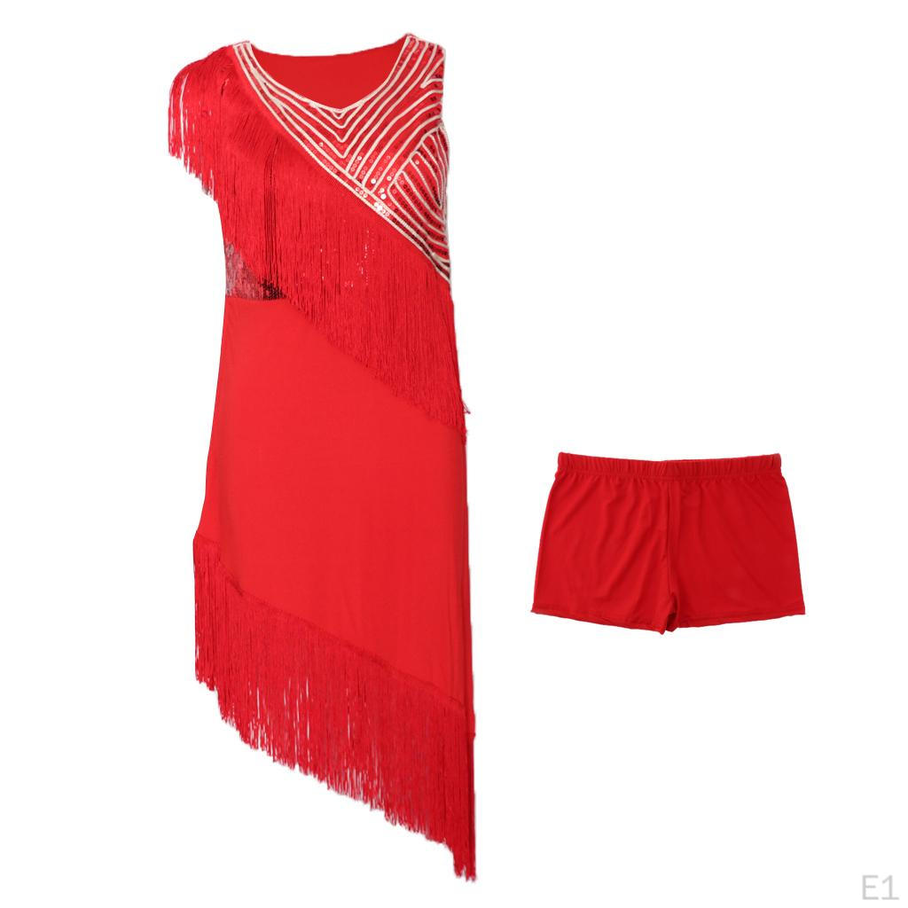 Latin Dance Dress Sleeveless With Tassels Asymmetric Sequins For Women - Red, M
