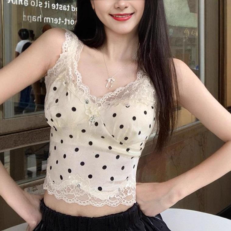French retro lace polka dot white suspender vest women's summer babes wear niche design sleeveless top