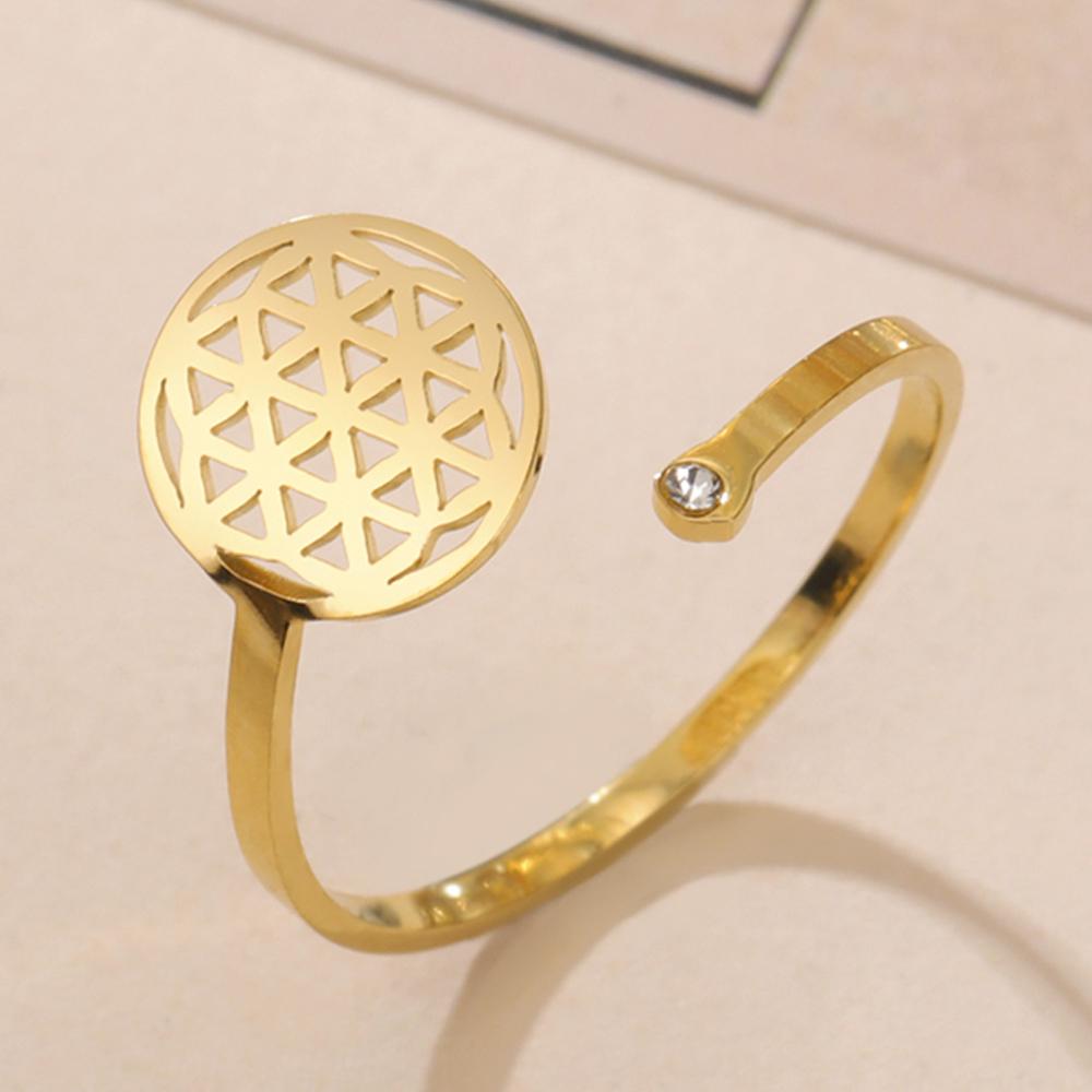 Dawapara Flower of Life Cutout Women Adjustable Ring Mandala Sacred Geometry Yoga Kabbalah Jewelry Stainless Steel