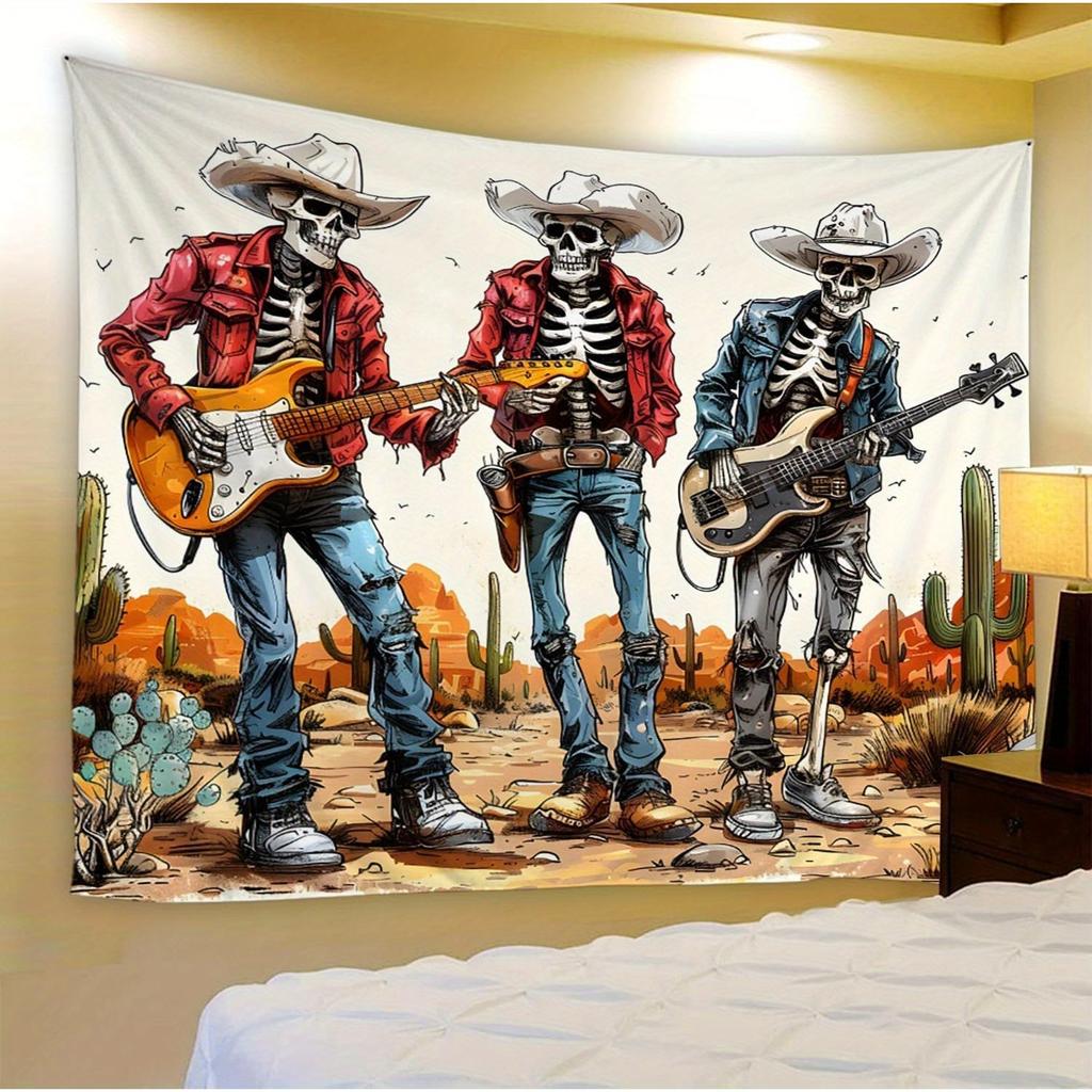 Cowboy Skeleton Band Tapestry Western Music Wall Art for Bedroom or Living Room Large Decorative Hanging Add Unique Style