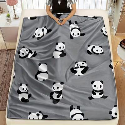 Grey Background Cute Cartoon Panda Blanket Black White Bear Animal Print Soft Cozy Blanket Sofa Bed All Season Use Blanket