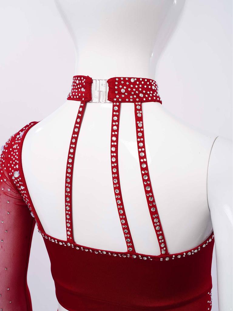 Girls Contemporary Dance Outfit One Shoulder Sheer Mesh Long Sleeve Rhinestone Crop Top with Irregular Skirt