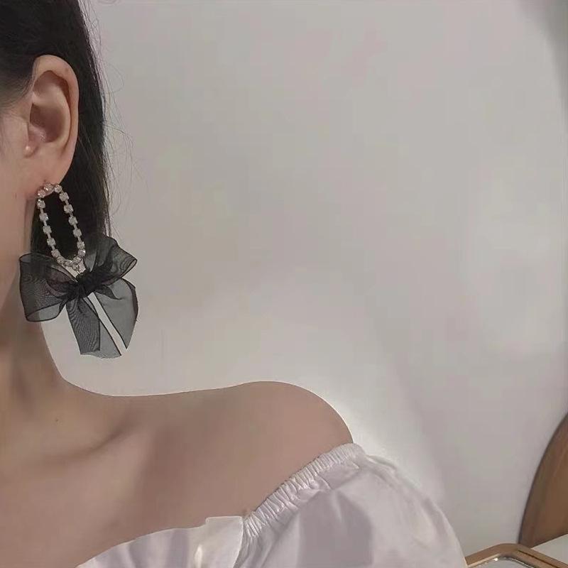 925 Silver Needle Diamond Velvet Bow Earrings - Elegant Heart Studs for Women