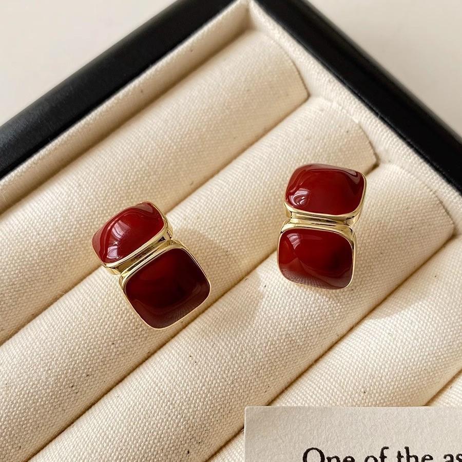 Geometric Green Retro Korean Square Earrings for Women