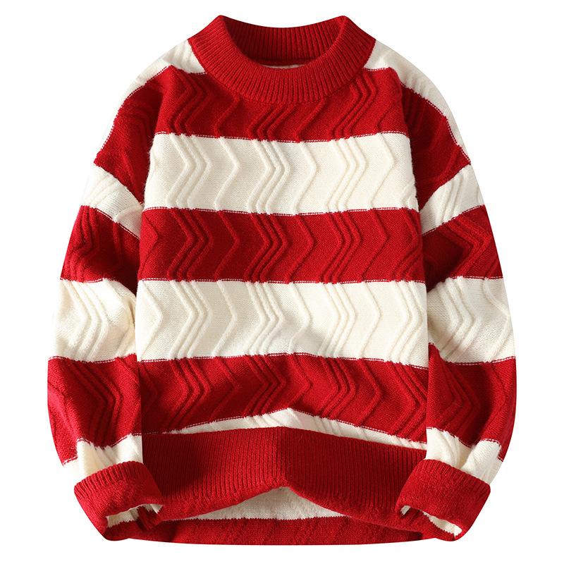 

Striped Sweater Men s Autumn and Winter Hong Kong Style Loose Couple Outfit College Style Knitted Sweater Lazy Round Neck Thread M червоний