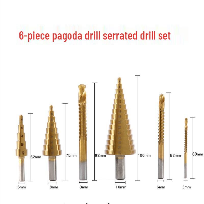 6-Piece Titanium-Plated Pagoda Drill Set for Woodworking: Serrated Hole Opening, Expansion, and Groove Cutting with Plastic Box.