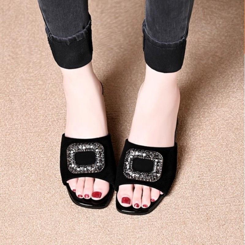 High-heeled slippers women's summer wear 2025 non-slip soft-soled one-word slippers square head thick-heeled sandals medium-heeled open-toed sandals