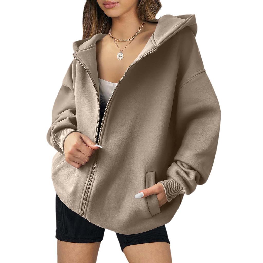 2024 Oversized Women's Zip-Up Hoodie with Pockets – European & American Casual Autumn Sweatshirt