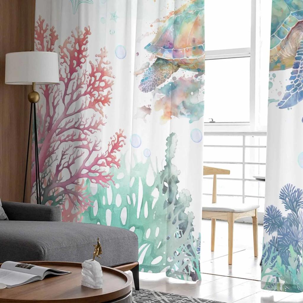 Sea Life Sea Turtle Coral Blue Sheer Curtains For Living Room Kitchen Window Curtains Bedroom Tulle Voile Curtains