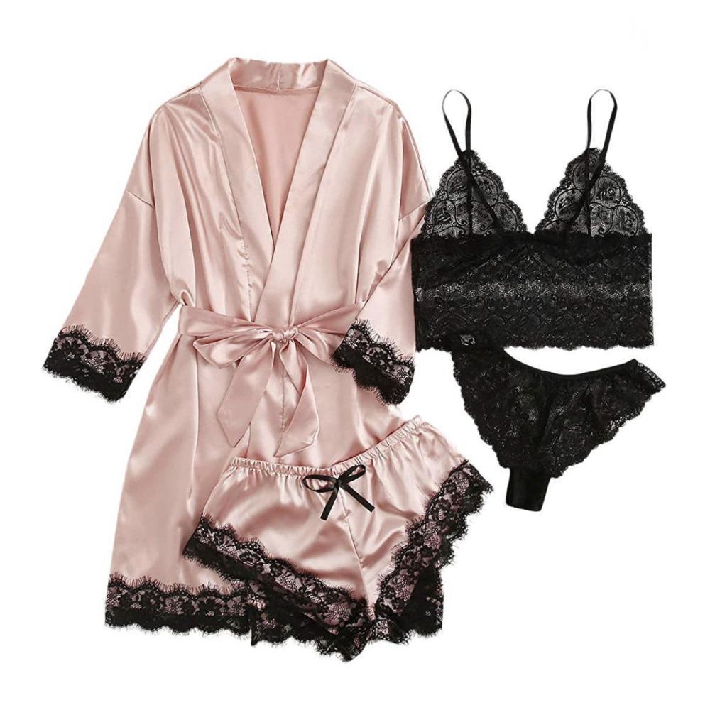 GMXIA Ladies' Pajama Four-piece Set, Lingerie, Large-sized Home Wear, Lace Pajama Sets