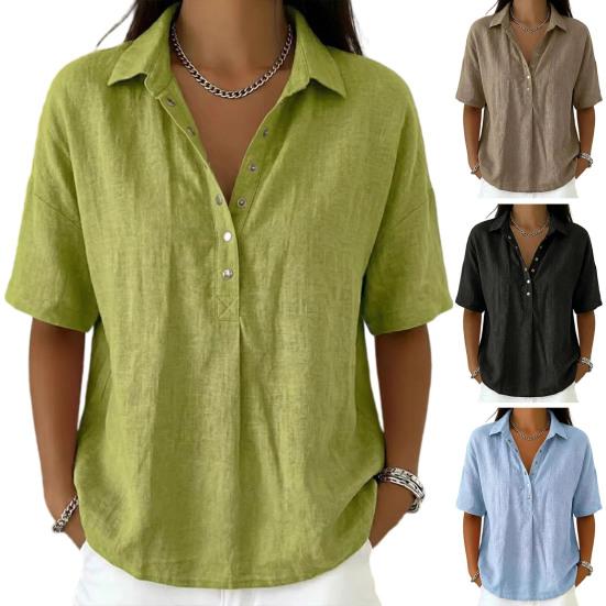 Women Shirt Lapel Buttons Half Placket Short Sleeves Casual Blouse Pure Color Loose Fit