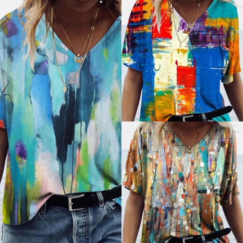 Digital 3D Printed Women's Short Sleeved T-shirt Summer Tie Dye Personalized V-neck Base T-Shirts Women’s