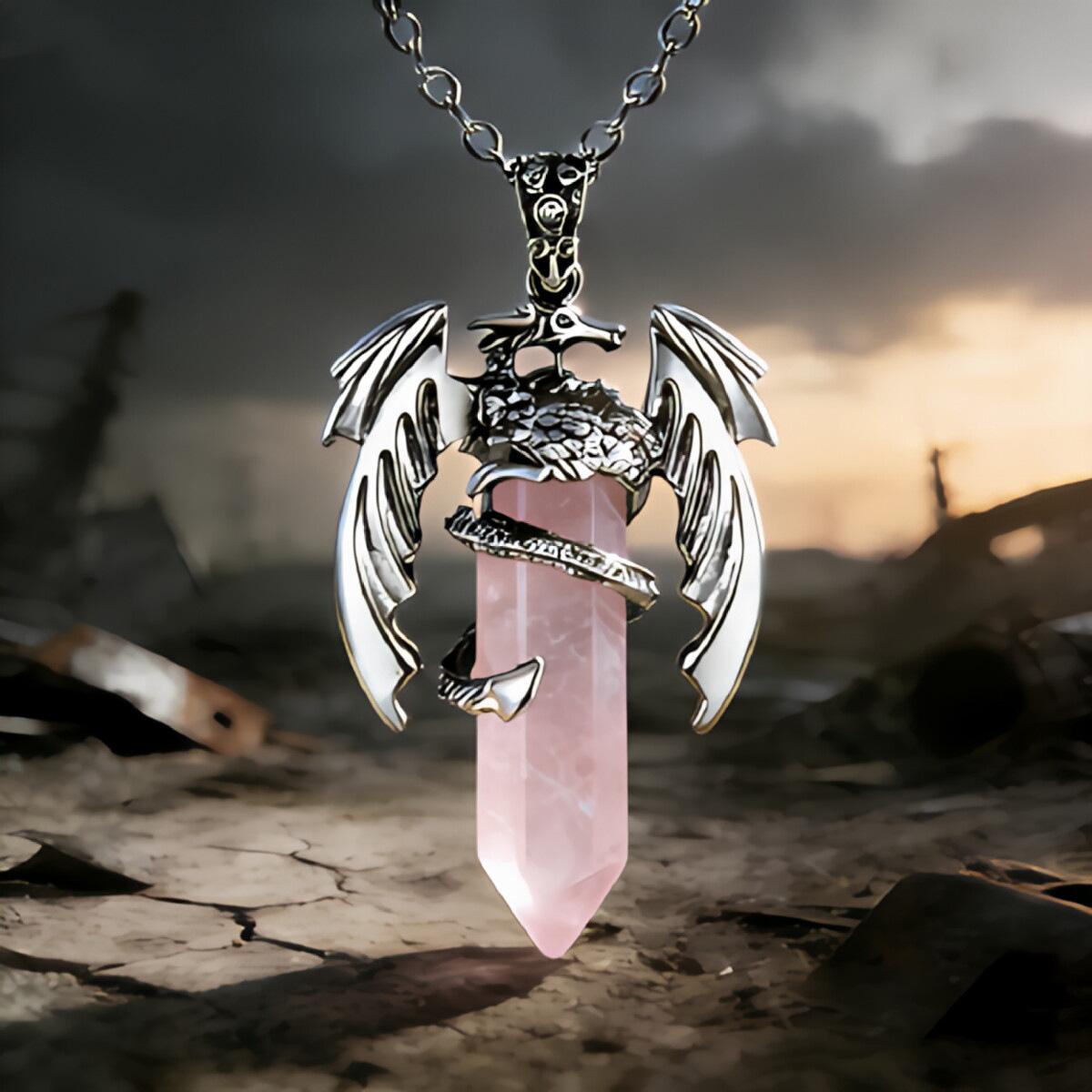 Natural crystal pendant, natural stone retro pterosaur necklace, flying dragon hexagonal pillar pendant