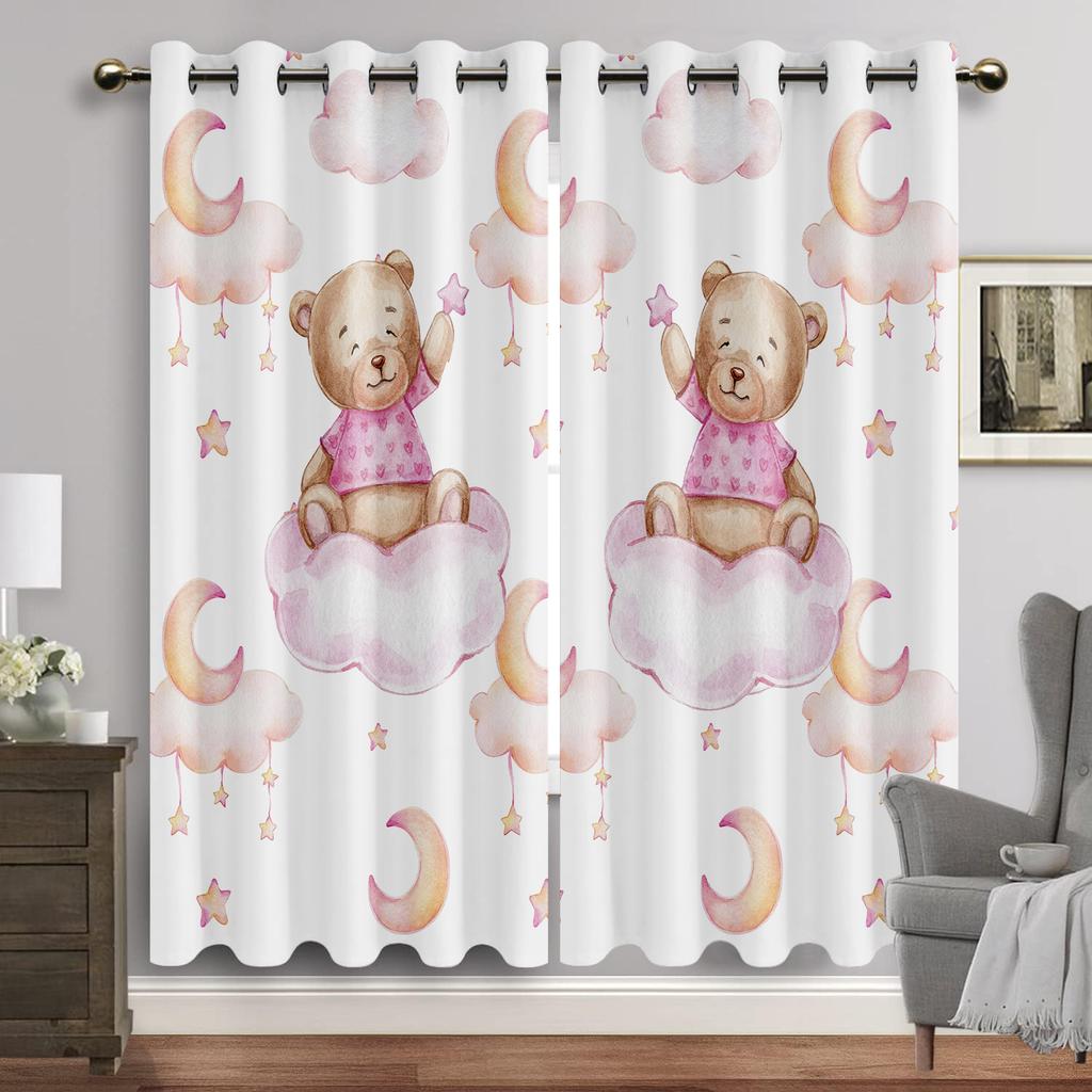Cartoon Animals Window Curtain Living Room Watercolor Bunny Bear Eyelet Curtains Moon Print New Baby Room Drapes Free Shipping