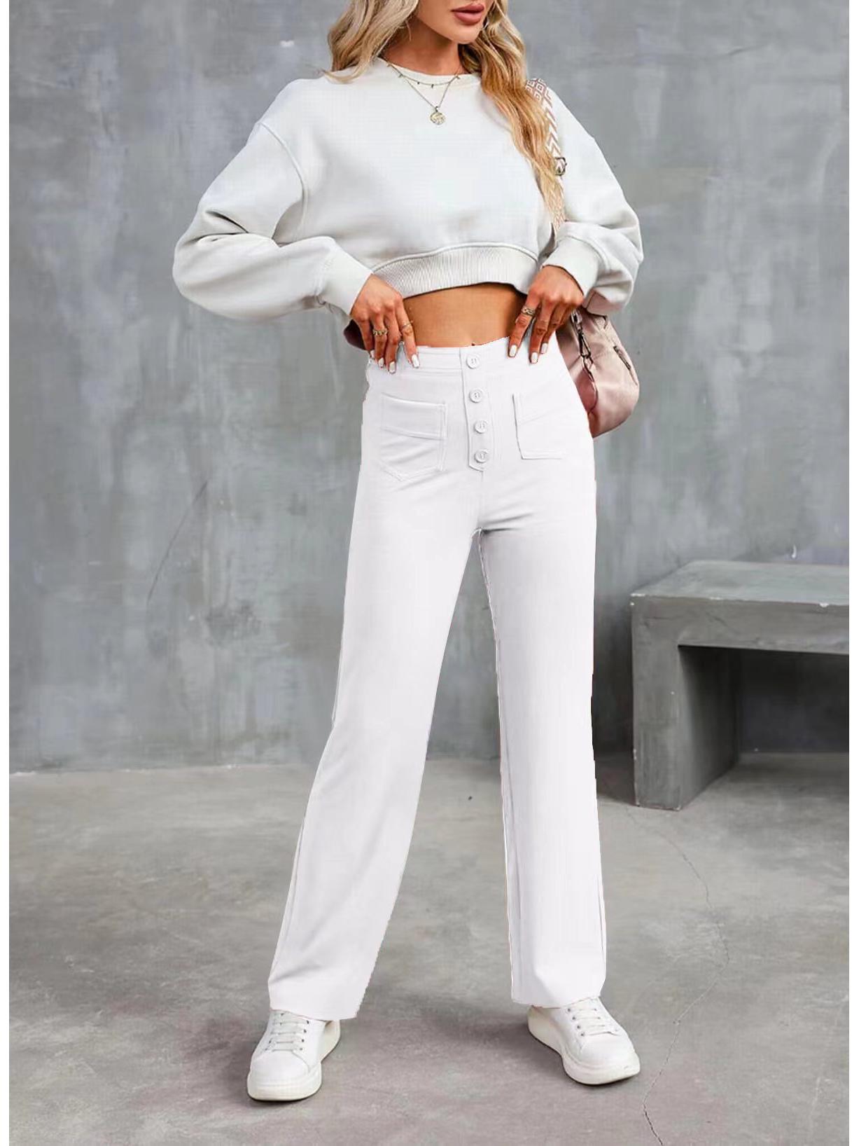 

2024 Fashion Women s High-Waist Casual Straight Pants with Elastic Belt and Multiple Pockets S