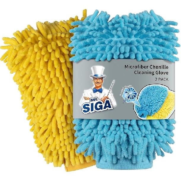 MR.SIGA Premium Microfiber Soft Chenille Car Wash Mitt, Pack Of 2, Blue & Yellow Blue & Yellow