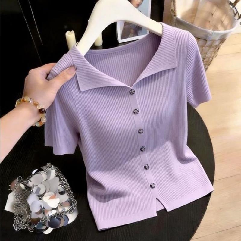 Elegant Style, Button-down Short-sleeved Knitted Top for Women in Summer. New Style, Gentle and Versatile, Fits Well and Helps Slim The Figure.
