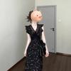 Black Lace Splicing Floral Dress, Summer Vacation French Style, Unique Temperament, Beautiful Oblique Cut Waist Pinch Dress