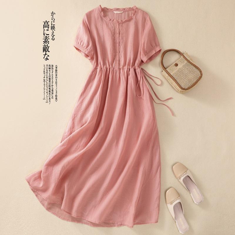 Real Shot Summer New Cotton and Linen Literary Commute Simple Solid Color Light and Thin Medium and Long Dress Women