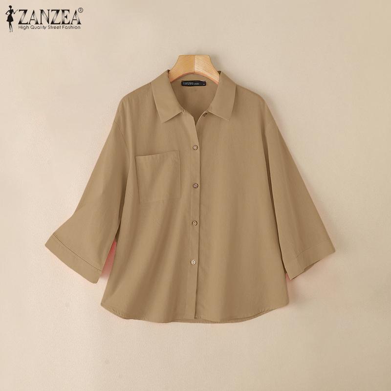 ZANZEA Womens Turn Down Collar 3/4 Sleeve Loose Button Blouse