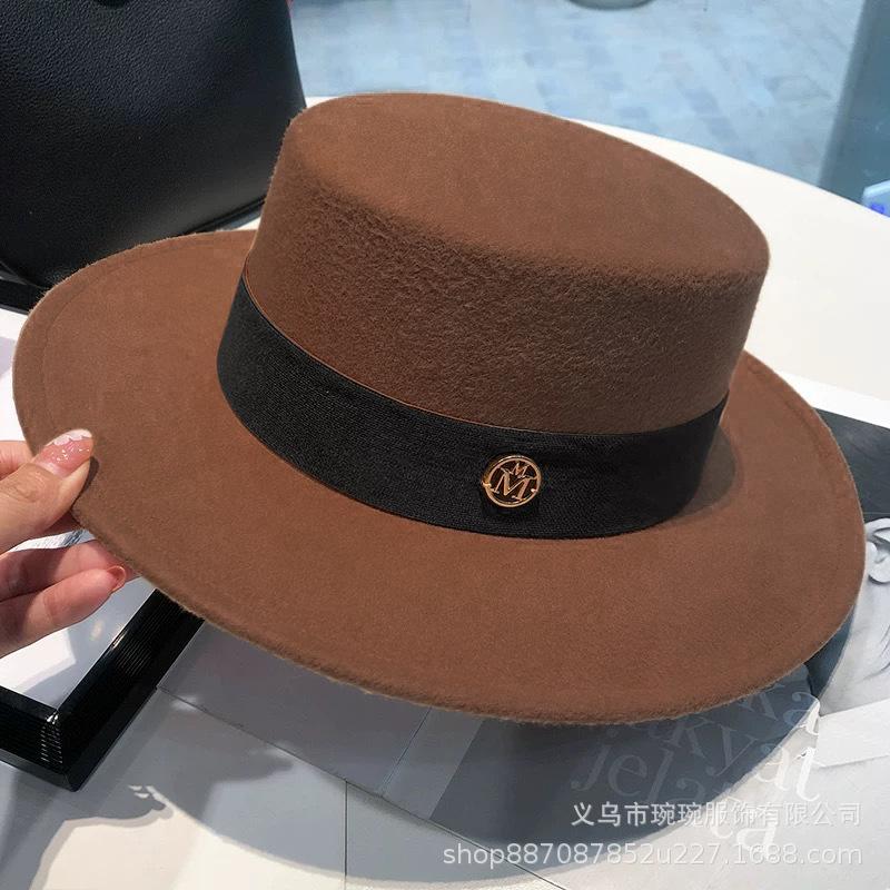 Metal Label Removable Decorative Woolen Flat Top Top Top Hat Spring and Autumn Gentleman Big Brim Sunshade Jazz Hat New