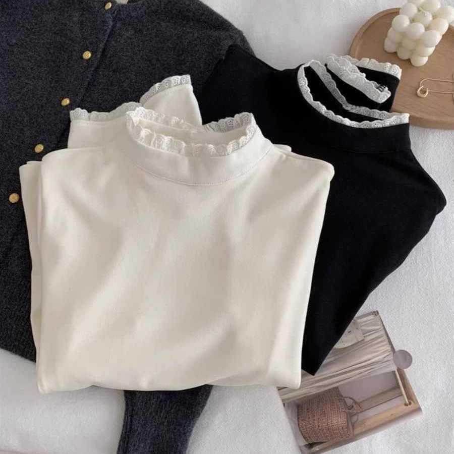 

Women s Fleece Lace Patchwork Long Sleeve Slimming Top for Autumn/Winter L (50-57.5 kg) абрикосовий