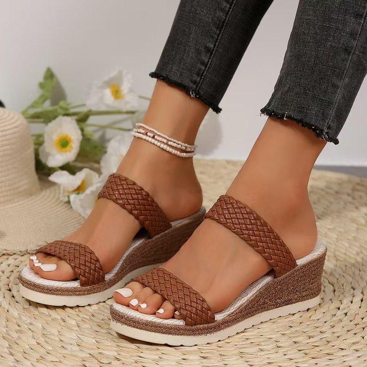 Large Size One-word Woven with Platform Wedge Heel Fashion Women's Shoes Summer New Wedge Heel Sandals Women