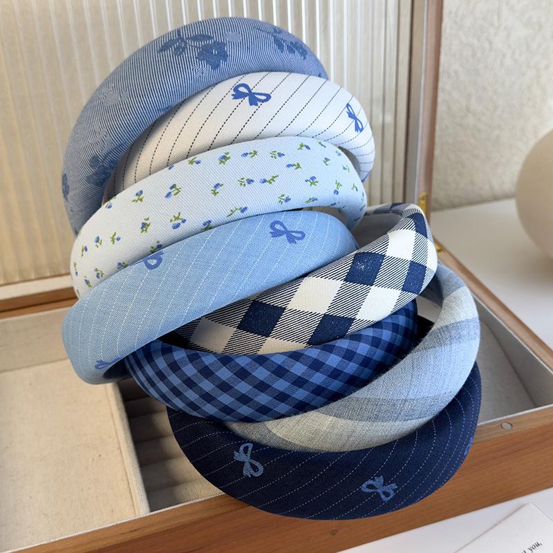 Blue Checkered Bow Sponge Hairband for Girls High Headband with High Head Top New Wide Edge Headband