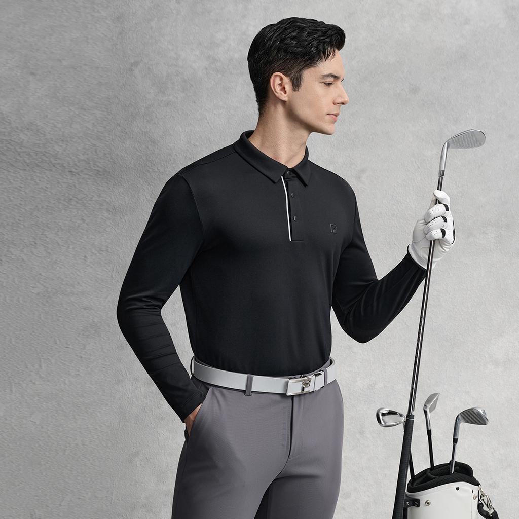 FILA Golf Series Simple Texture Casual Sports Comfortable Knitted Long Sleeve Polo Shirt Men tops Deep-Black A11M615210FBK
