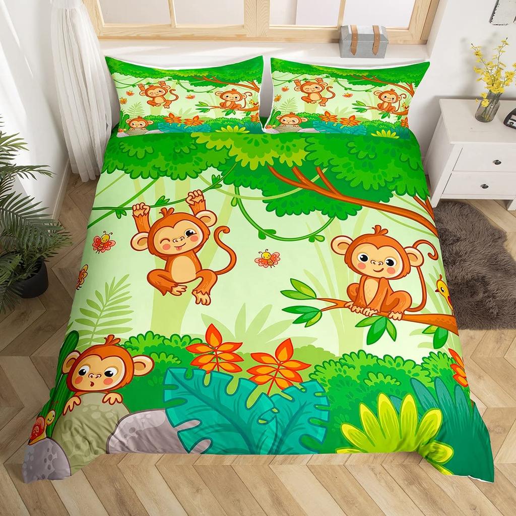 Cute Monkey Bedding Set Full Twin Cartoon Banana Stars Duvet Cover Tropical Wild Animal Fruit Comforter Cover Yellow Quilt Cover