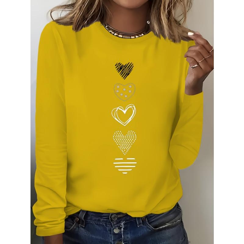 Damen Frühjahrs- und Herbstkleidung Buntes Herz Aufdruck T-Shirt Langarm Rundhals Freizeit Oberteil