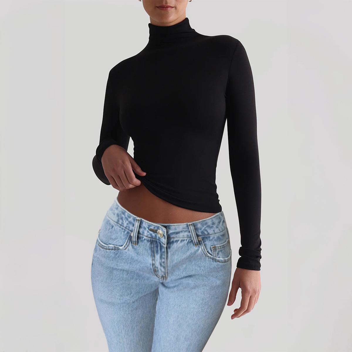 

Women s Y2K Slim Solid Color Knitted Base Long-sleeved Top S чорний