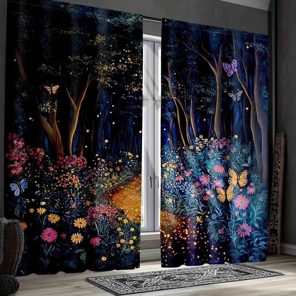 Classic Style Polyester Enchanted Forest Curtains Fantasy Flower Butterfly Motifs Magic Themed Bedroom Decor Blackout Set Of 2 Made