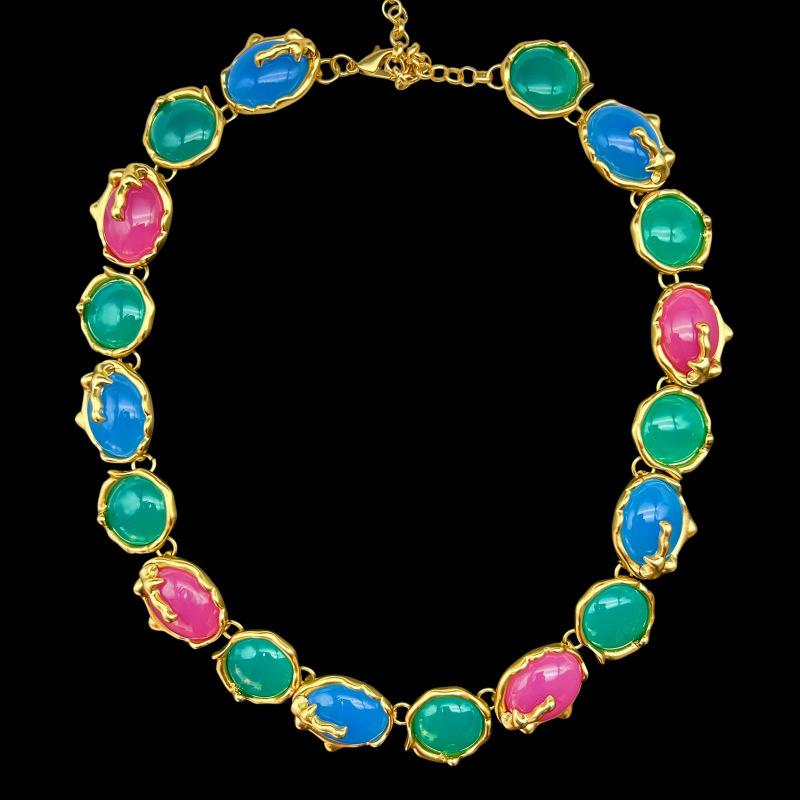 

Vintage Heavy Industry French Retro Geometric Multi-color Temperament Fashionable Versatile Necklace Earring Set