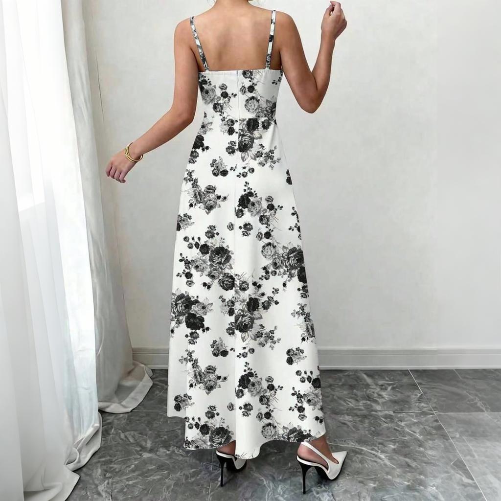 Women’s Sleeveless Spaghetti Strap Long Dress with Floral Print Lightweight Fabric and Square Neckline for Summer