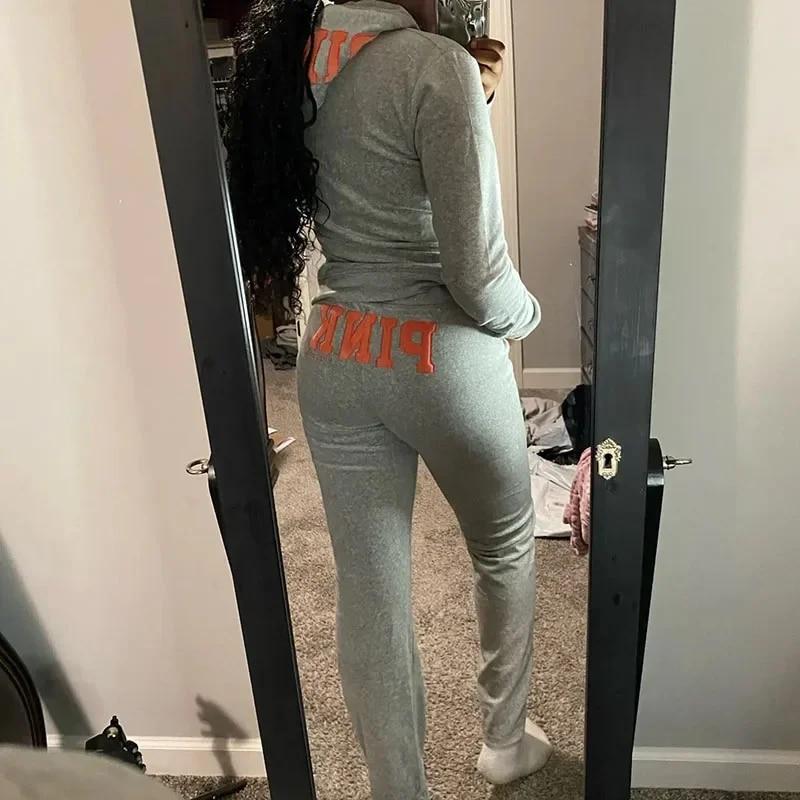 Y2k Velvet Tracksuit Women Pink Letter Patch Velour Zip Up Hoodie and Pant Sets Sportwear Vintage Training Set Autumn