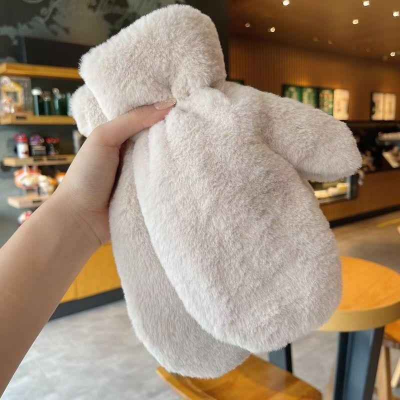 Winter Cute Girl Fleece-Lined Fingerless Plush Mittens with Faux Rabbit Fur - Warm and Stylish for Autumn & Winter