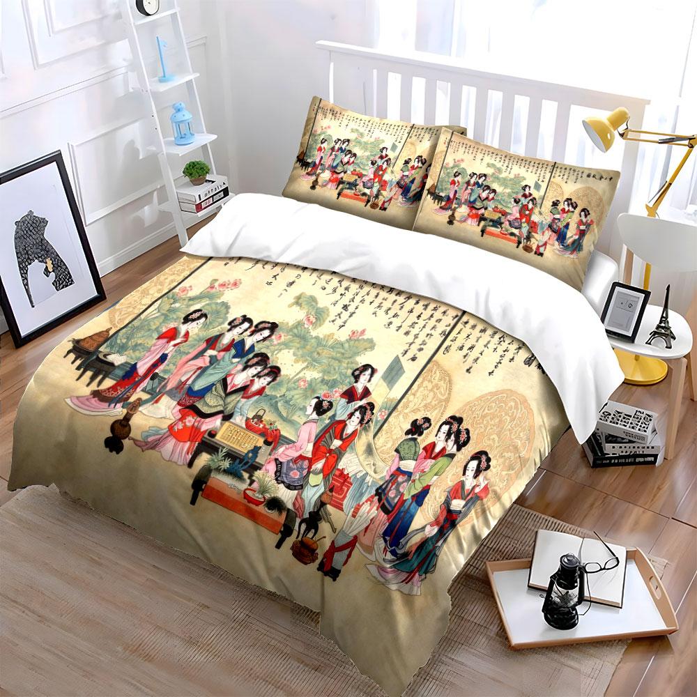 Chinese Traditional Twelve Beauties Bedding Set 3pcs,Vintage Watercolor Lady Art Duvet Cover,Elegant Cultural Bedding for Hoom