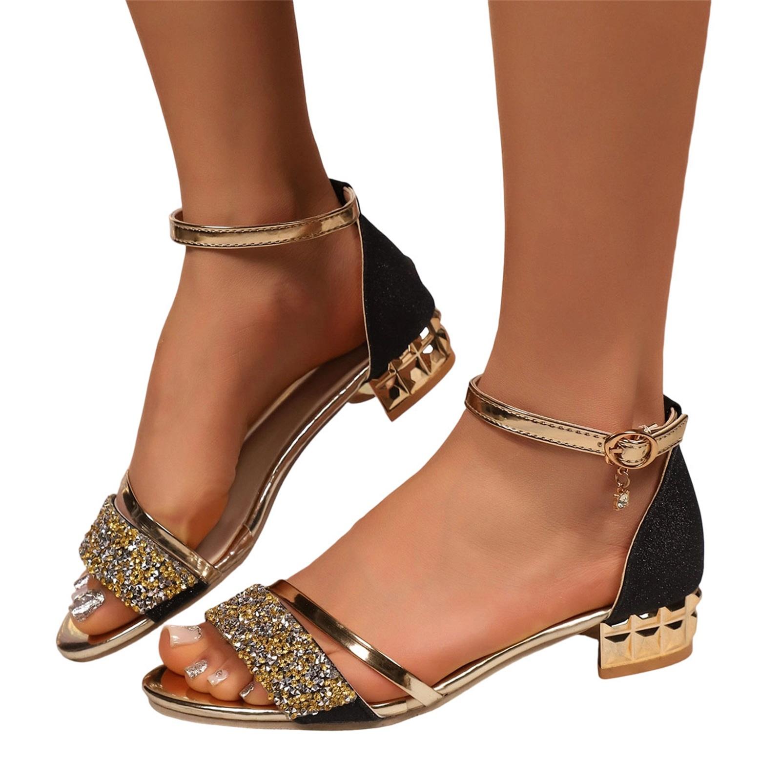 Women s Fashion Plus-Size Casual Rhinestone Strap-and-Buckle Sandals 36 чёрный