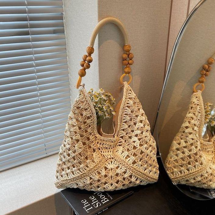 Sommer Stroh Strandtasche für Damen - Ausgehöhlt Schulter Handgewebter Korb Tote