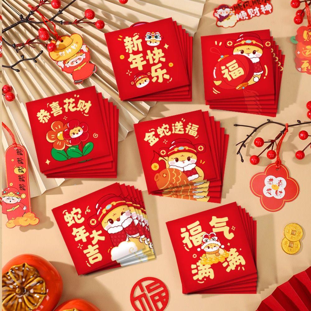 6pcs Chinese Style 2025 Snake Year Red Envelopes Cartoon New Year Money Packets Graduation