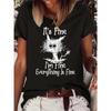 Cat & Letter Print T-Shirt, Short Sleeve Crew Neck Casual Top For Summer & Spring, Women's Clothing