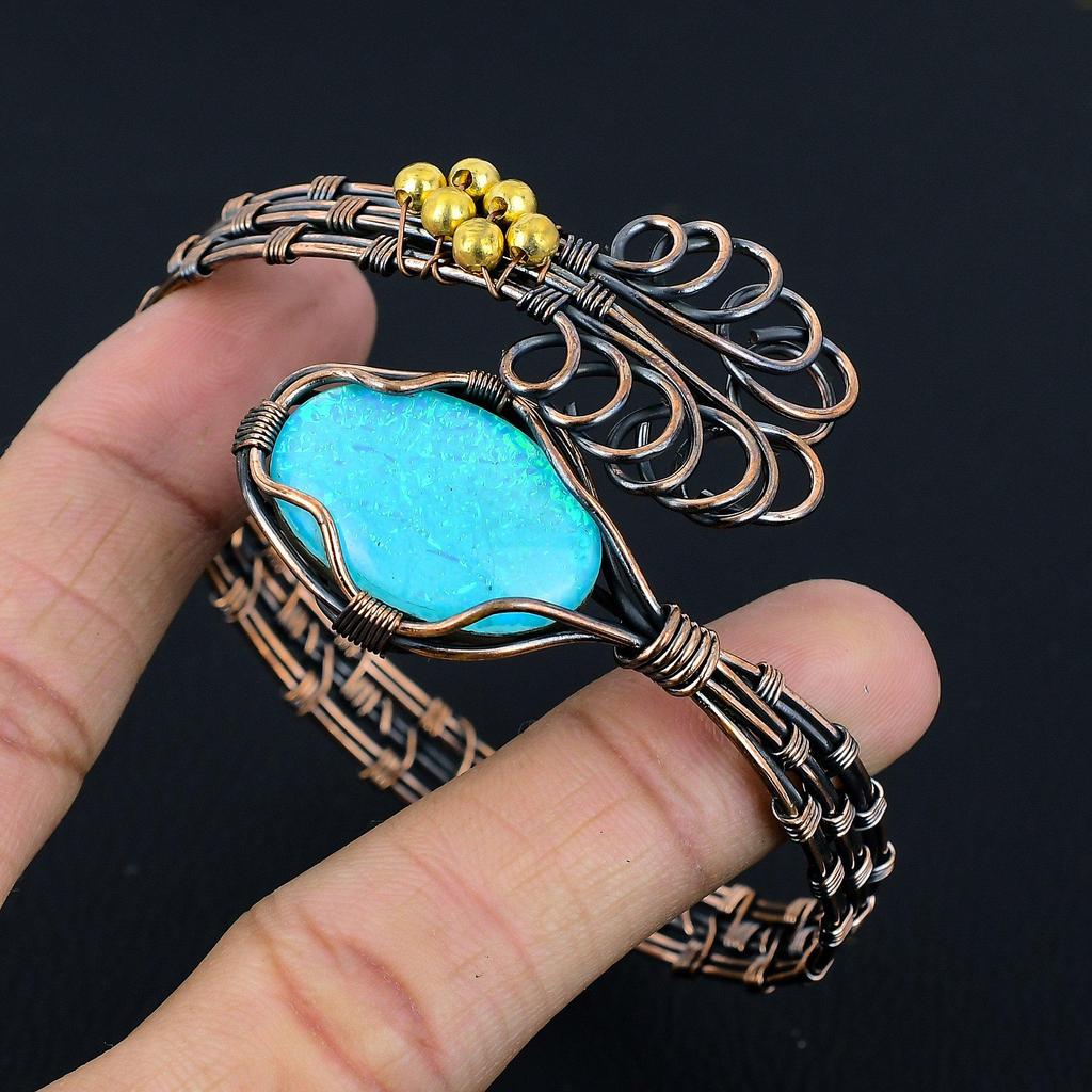 Australian Triplet Opal Bangle, Handmade Gemstone Bangle, 999 Copper Wire Wrapped Antique Jewelry, For Engagement Gift