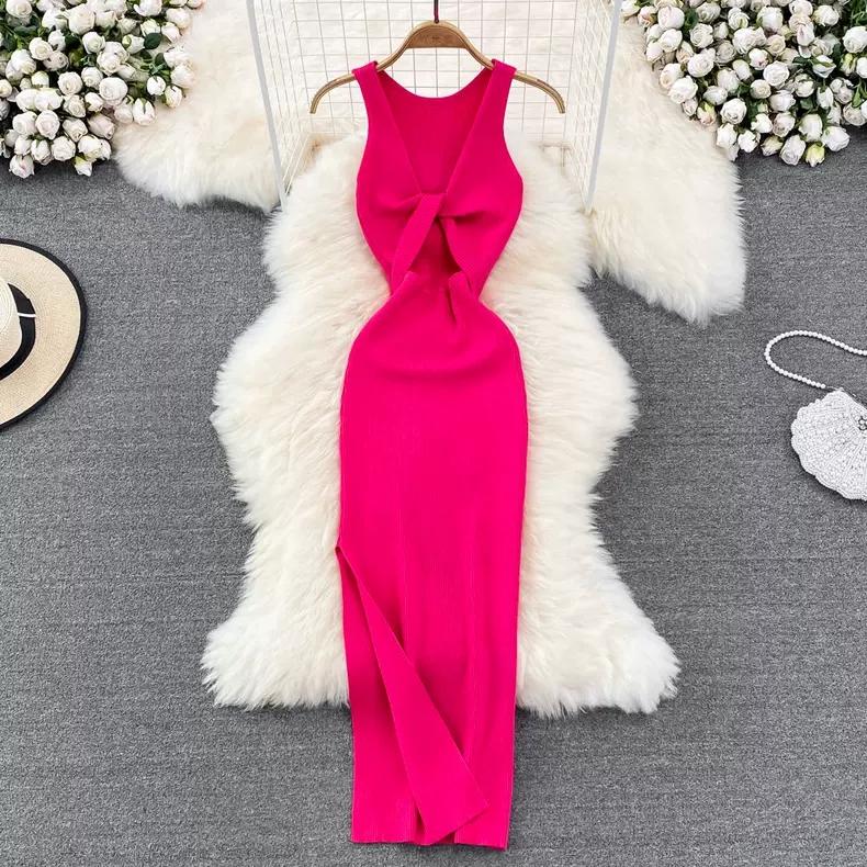 Vestido de Punto Minimalista sin Espalda para Mujer Verano SSólido de Punto sin Mangas Ajustado sin Mangas Sexy Bodycon Vestido Camiseta