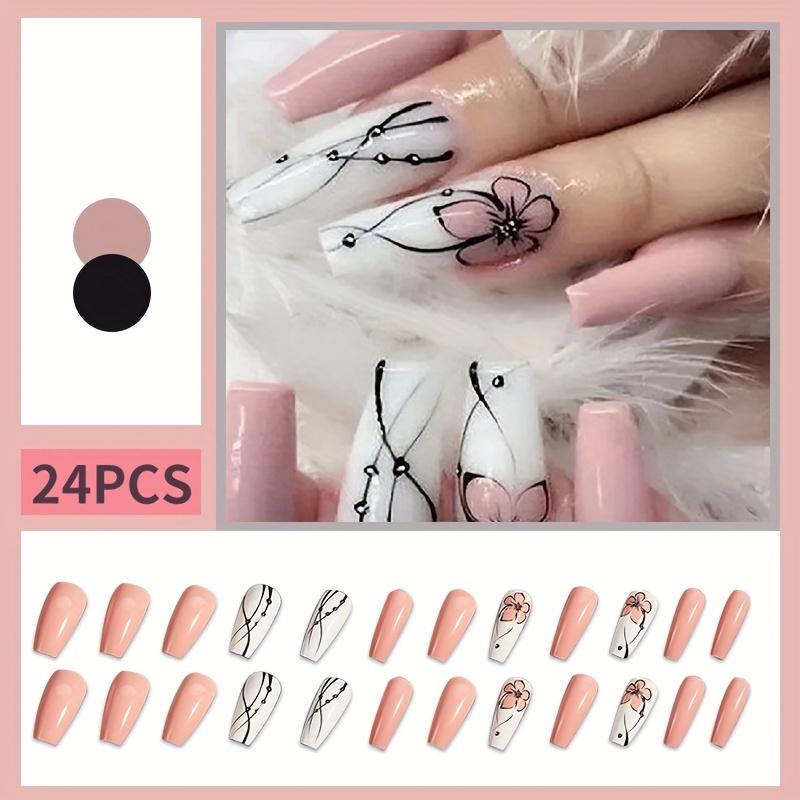 Coffin Press On Nails, Pink White Glossy Fake Nails With Flower Line Designs, Acrylic All Cover False Nails For Women And Girls 24pcs